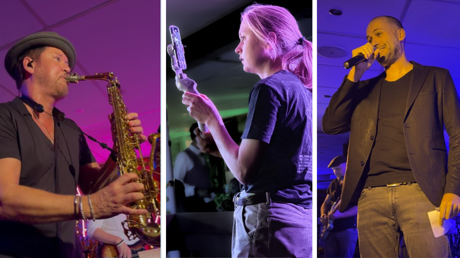 Collage aus drei Bilder: Jazz-Musiker, Social-Media-Managerin, Festival-Organisator